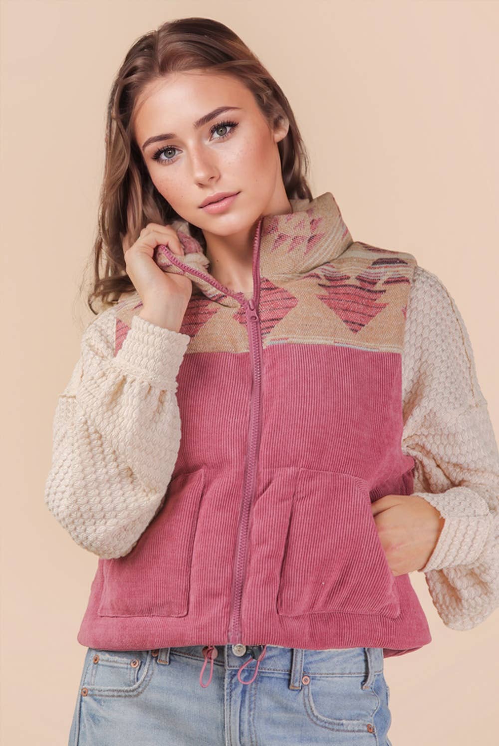 Graphic Corduroy Casual Puffer Vest: MAUVE