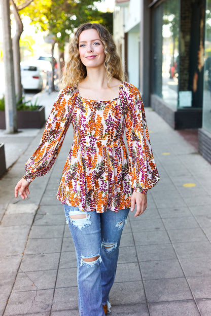 Fall in Love Taupe & Rust Floral Print Babydoll Bubble Sleeve Top