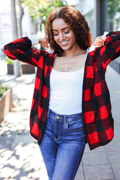 Stepping Out Red Buffalo Plaid Ribbed Hooded Sweater