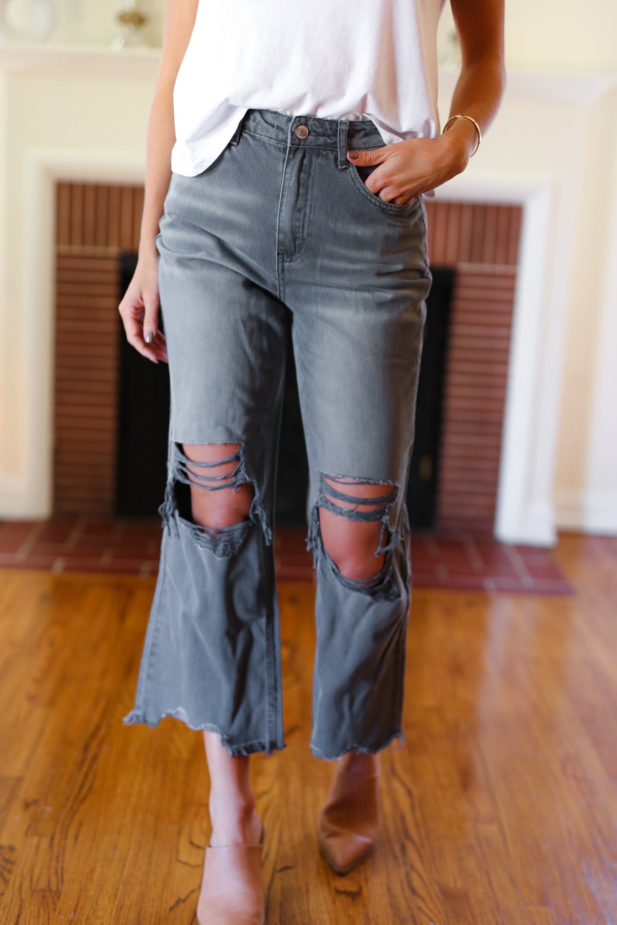 Cut Loose Ash Black High Rise Washed Distressed Cropped Pants