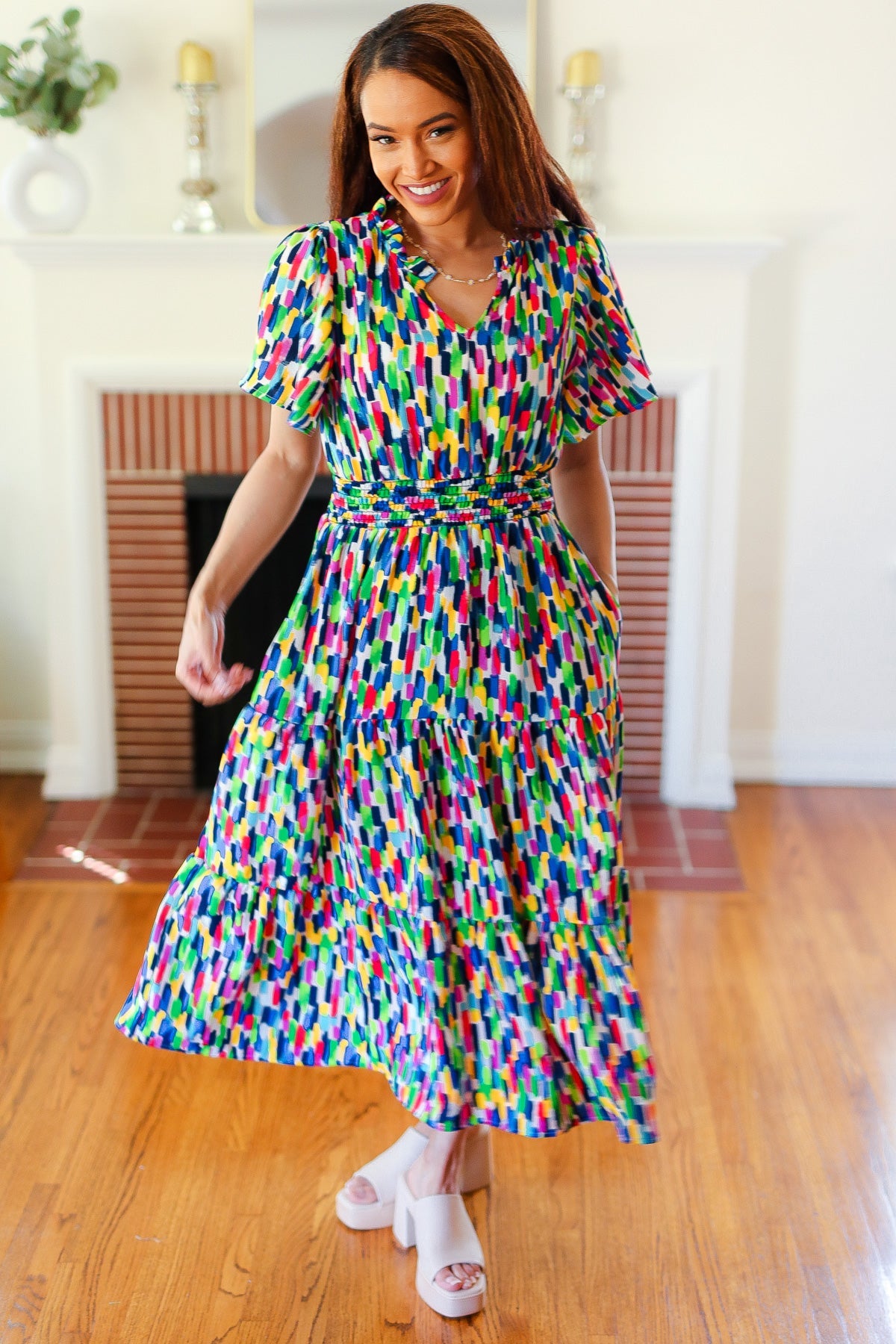 All For You Navy Multicolor Abstract Print Smocked Waist Maxi Dress