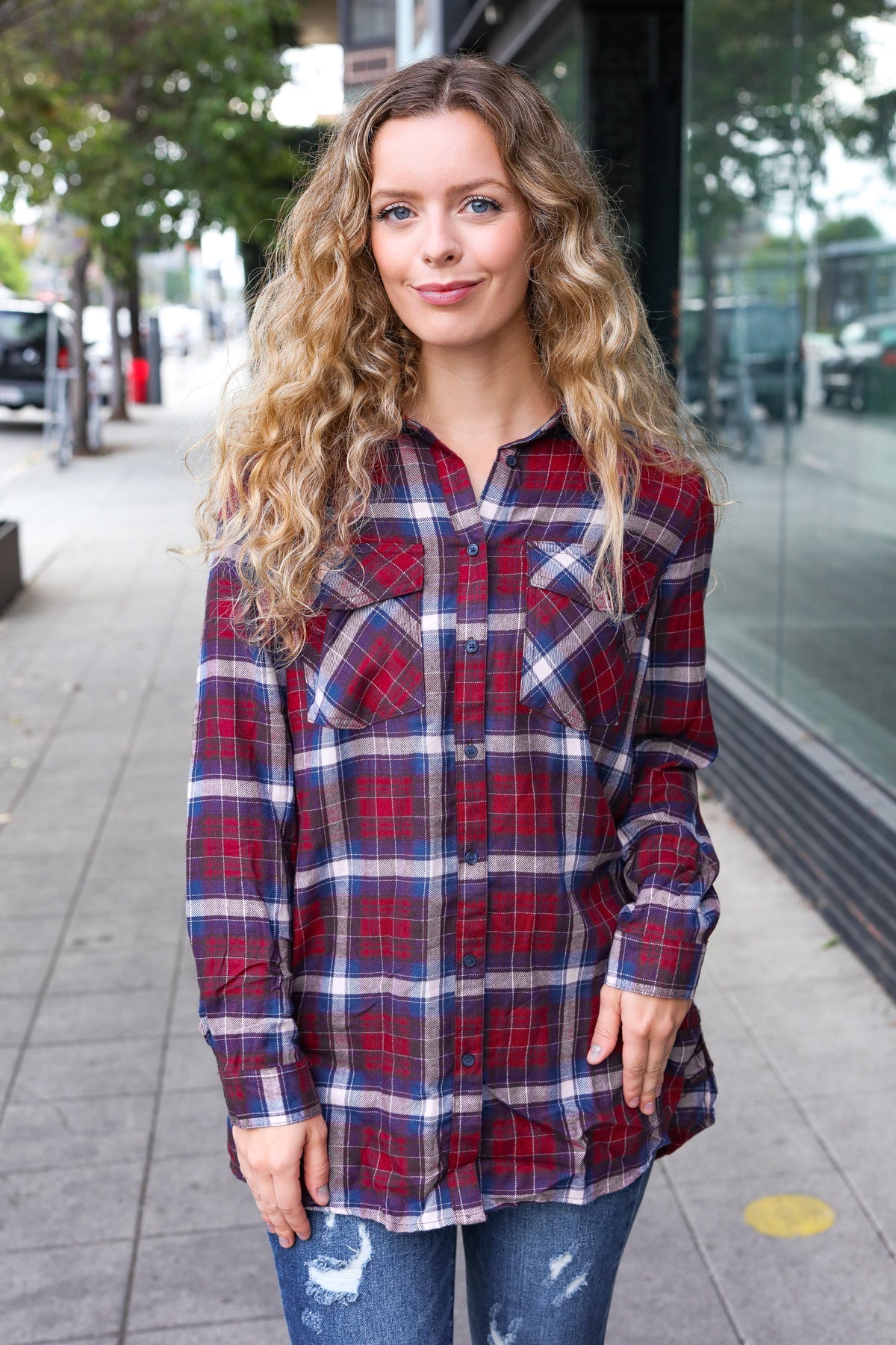 Make a Move Cabernet Plaid Button Down Long Sleeve Top