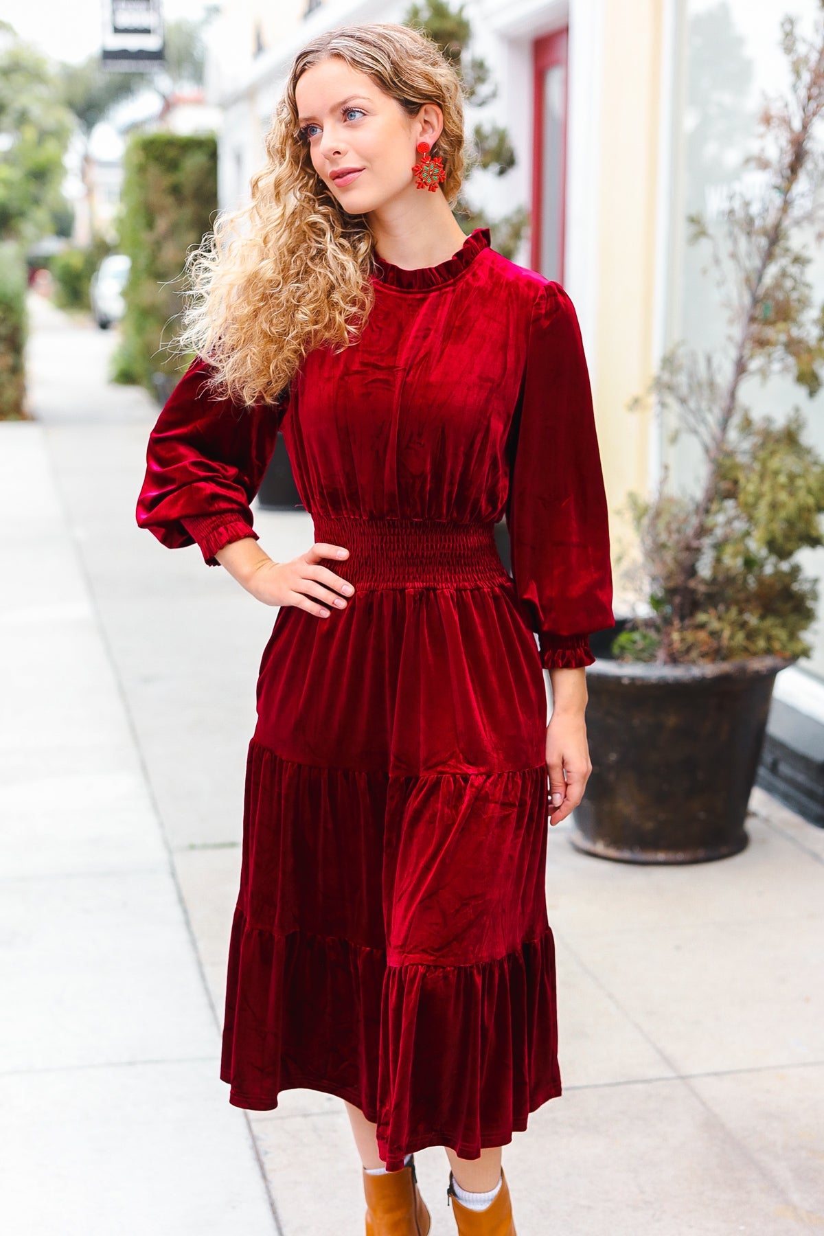 Holiday Dreaming Burgundy Velvet Mock Neck Smocked Waist Dress