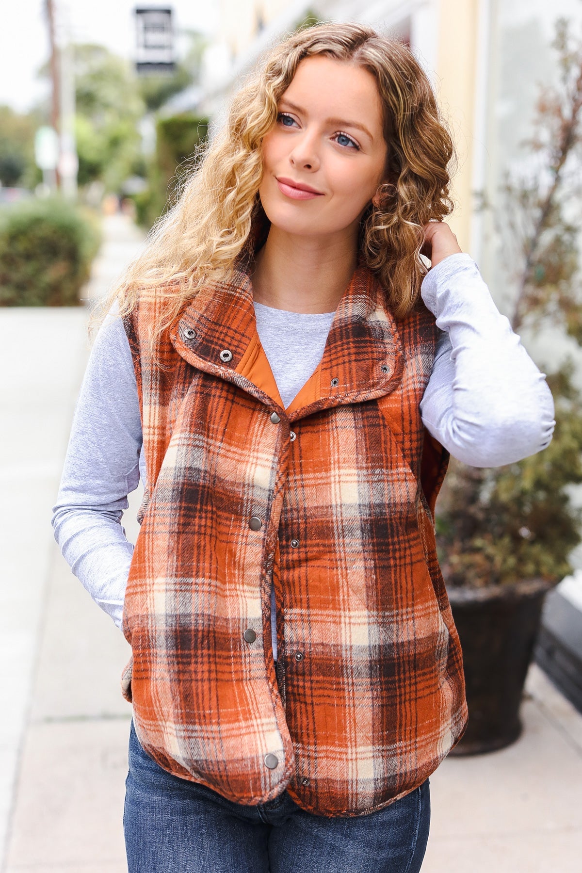 Put Together Rust Taupe Plaid Snap Button Quilted Puffer Vest