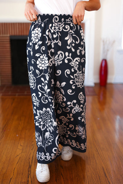 You Got This Navy Paisley Floral Smocked Waist Palazzo Pants