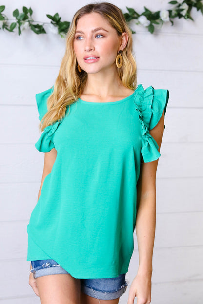 Kelly Green Double Ruffle Sleeve Crinkle Top