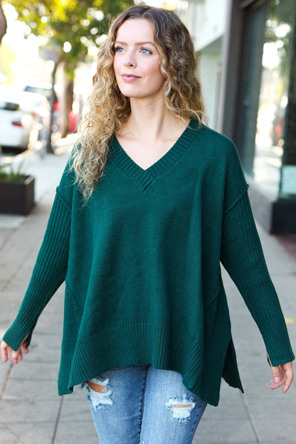 Casual Chic Hunter Green Oversized V Neck Rib Knit Sweater