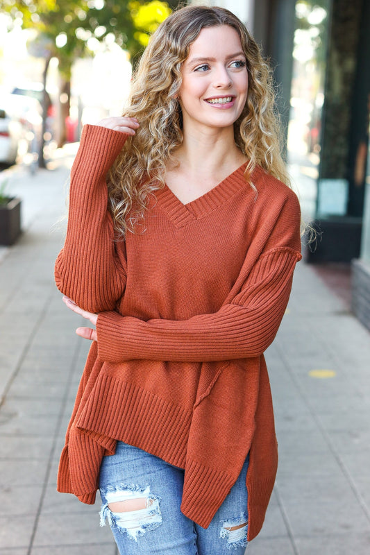 Casual Chic Rust Oversized V Neck Rib Knit Sweater