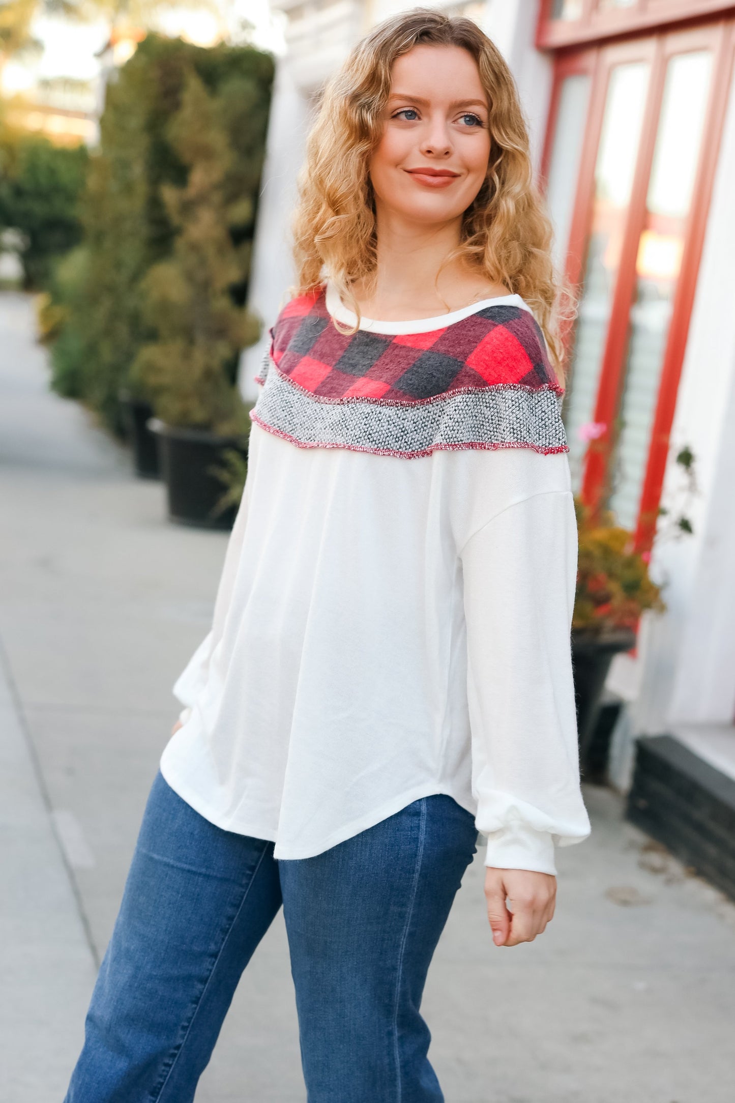 Pretty in Plaid Red & Grey Buffalo Plaid Hacci Outseam Top