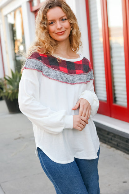 Pretty in Plaid Red & Grey Buffalo Plaid Hacci Outseam Top