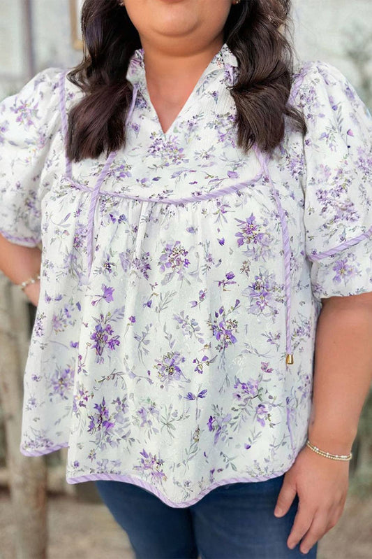 Plus Size Floral Tied V-Neck Summer Top: Purple / 2X