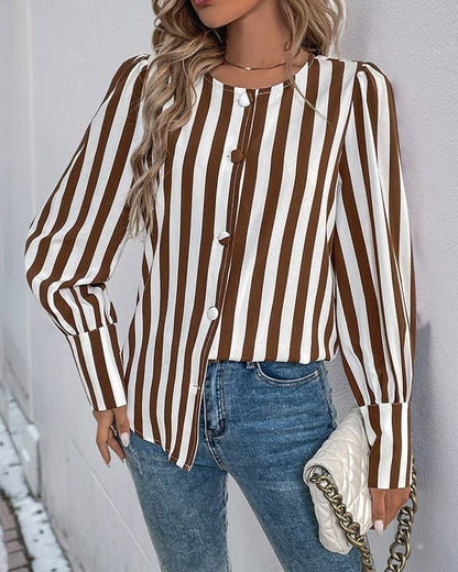 Fashion Single-Breasted Striped Contrast Long-Sleeved Shirt
