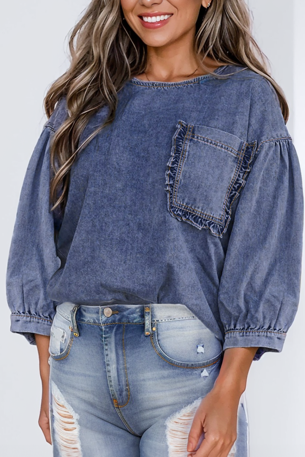 100%Cotton Ruffled Trim Pocket 3/4 Sleeve Denim Top