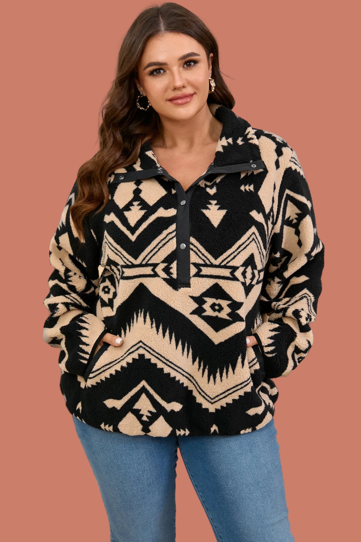 Plus Size Western Aztec Fleece Half Button Sweatshirt