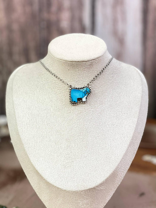 Handmade Sterling Silver Multi Gemstone Bull Necklace with Signed Nizhoni: Kingman Ice Blue Dahlia