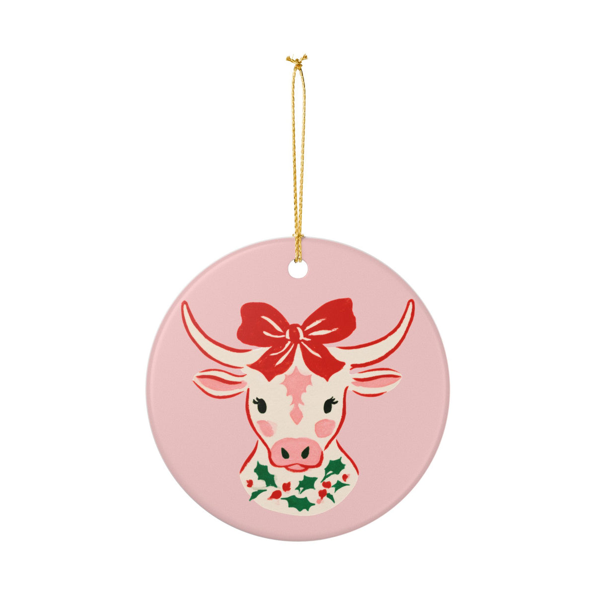Pink Christmas Cow Ceramic Ornament
