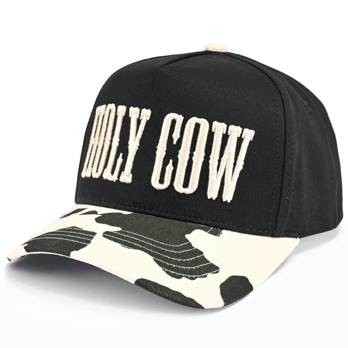 C.C HOLY COW Letter Embroidered Two Tone Trucker Hat: Black/Black