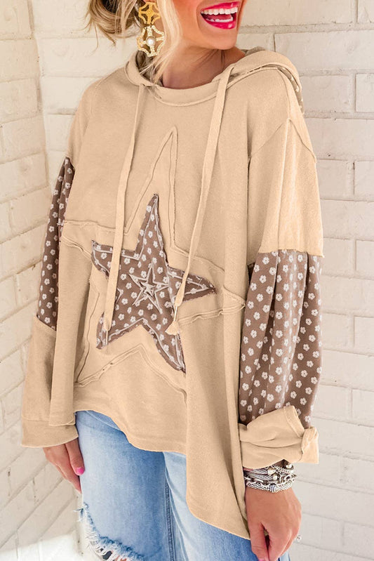 Floral Patchwork Star Drawstring Hoodie: Apricot