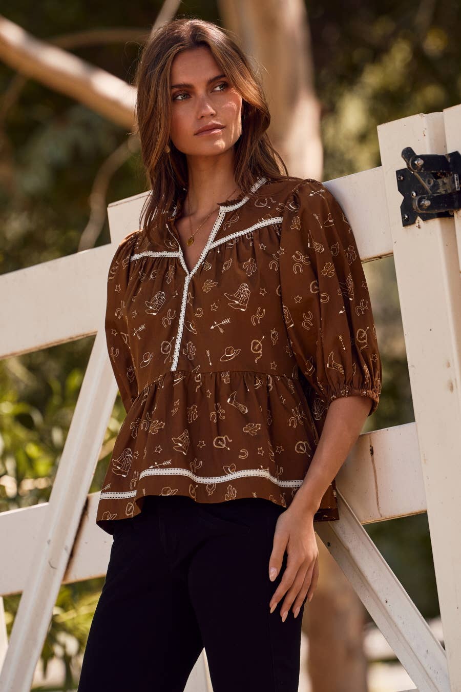 Plus Western Printed Cotton Blouse