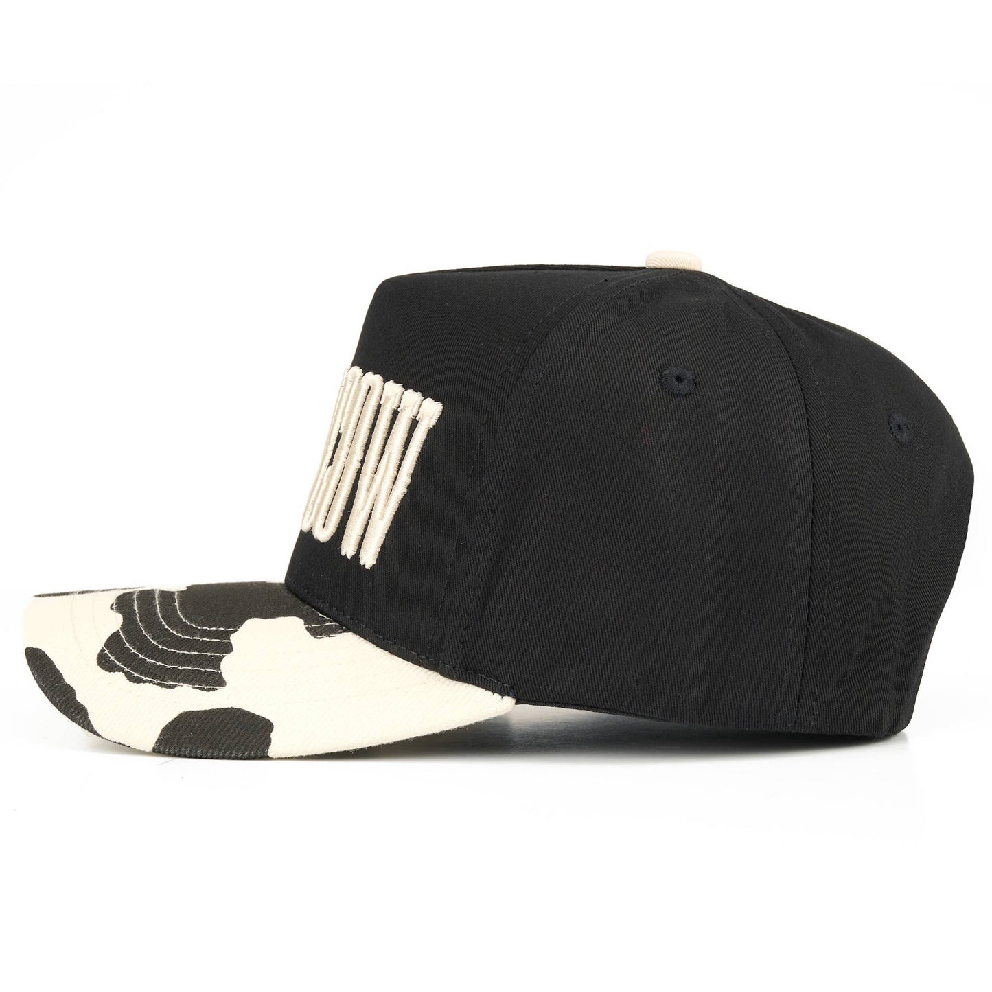 C.C HOLY COW Letter Embroidered Two Tone Trucker Hat: Black/Black