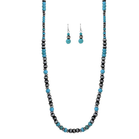 Long Necklace Silver Turquoise Beads