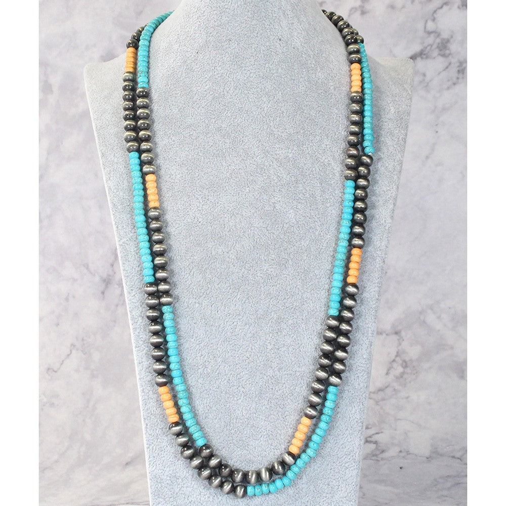 Double Beaded Silver Turquoise Orange Necklace