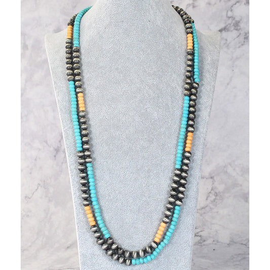 Double Beaded Silver Turquoise Orange Necklace