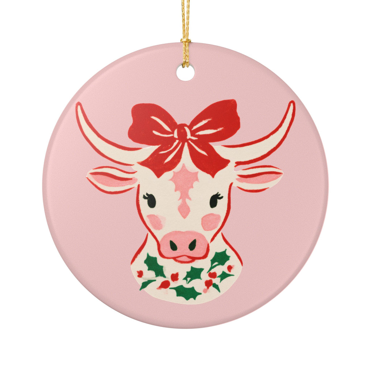Pink Christmas Cow Ceramic Ornament