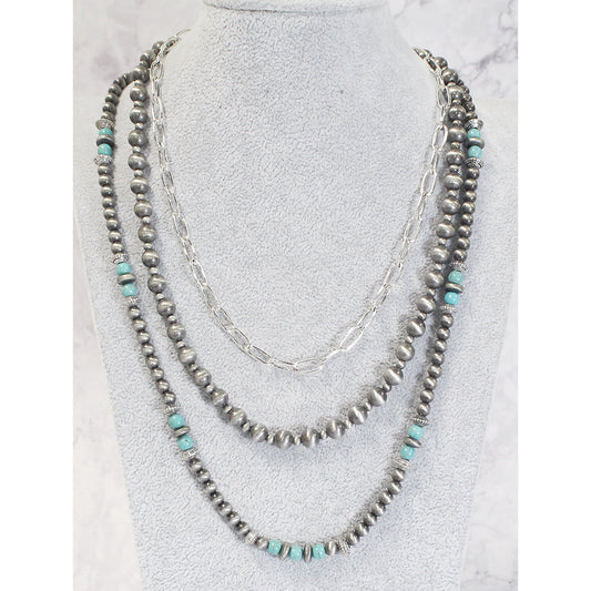 Long Beaded Silver Turquoise Necklace