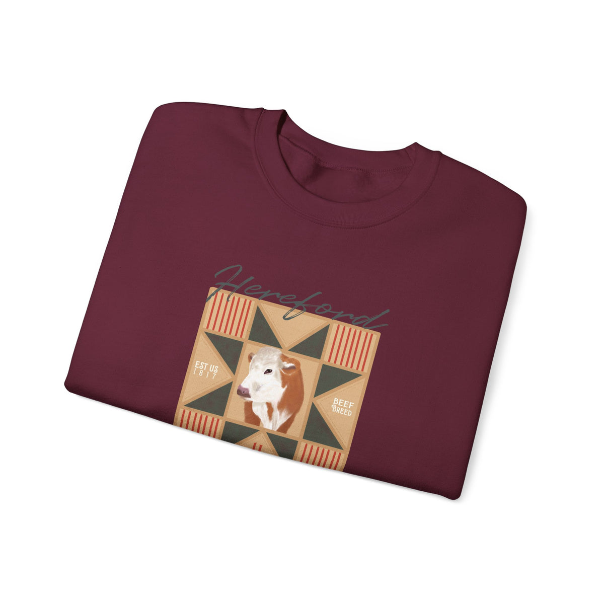 Hereford Cattle Quilt Crewneck Sweatshirt — Vintage Farmhouse Cow Graphic