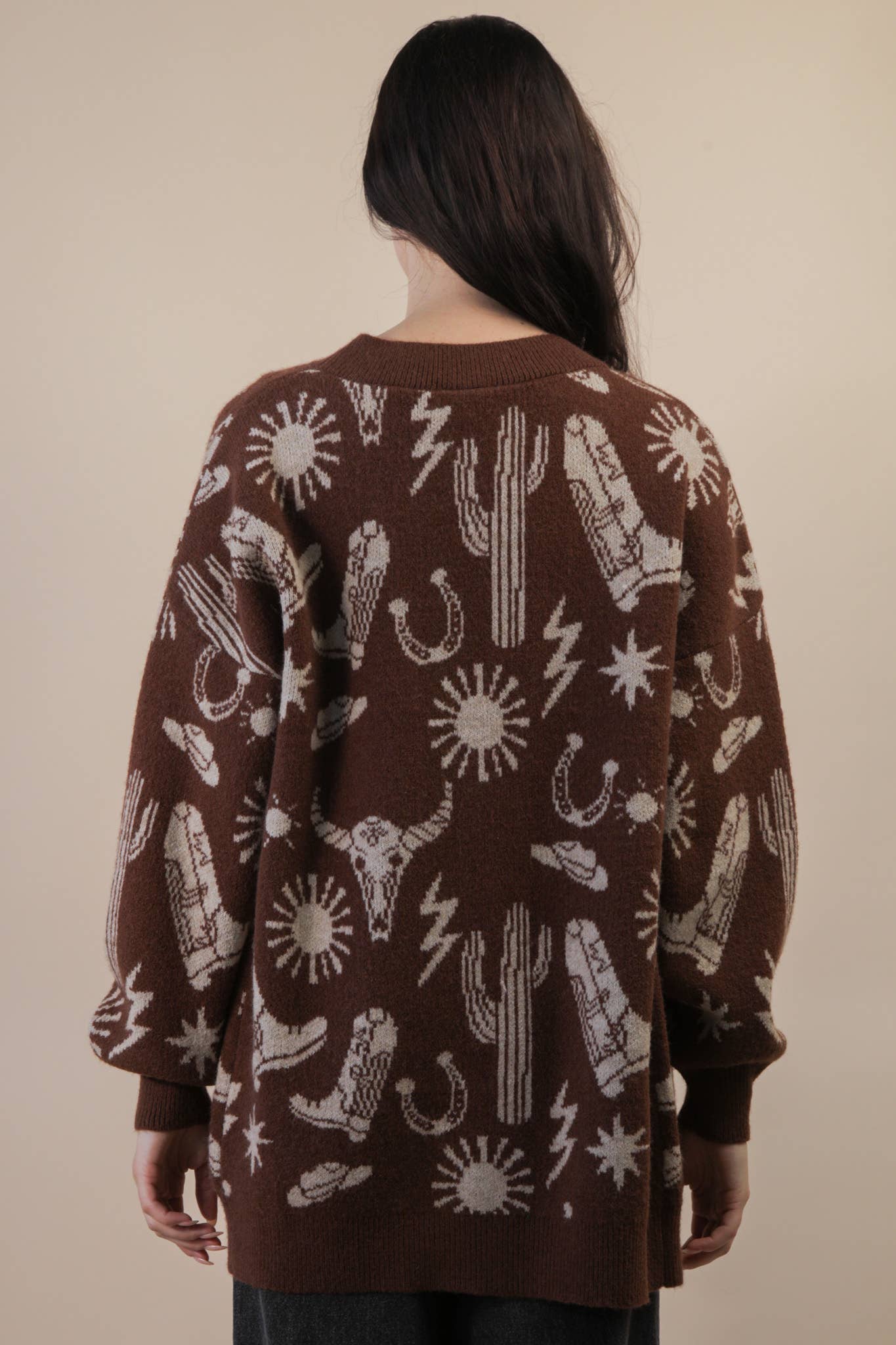 Oversized Western Graphic Knit Sweater Cardigan