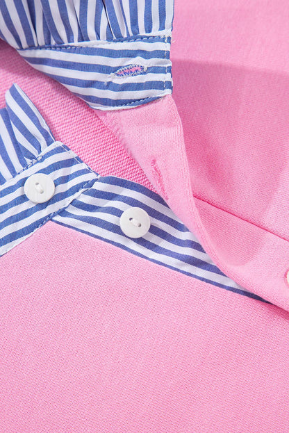 Button Striped Collar Puff Sleeve Sweatshirt