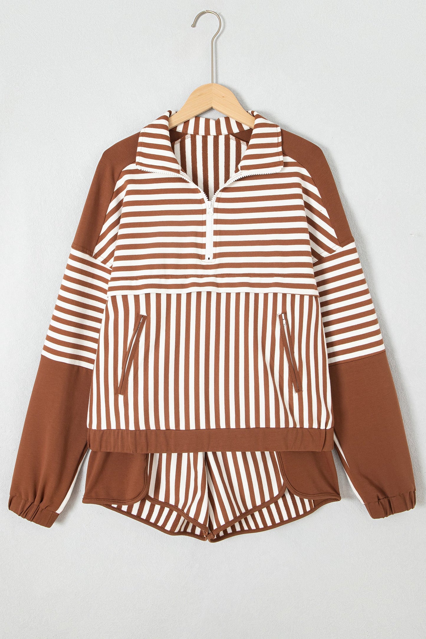 Stripe Patchwork Quarter Zip Sweatshirt & Shorts Set