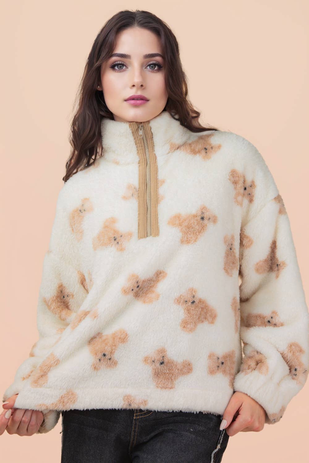 Half Zip Up Aztec & Teddy Bear Graphic Fleece Top