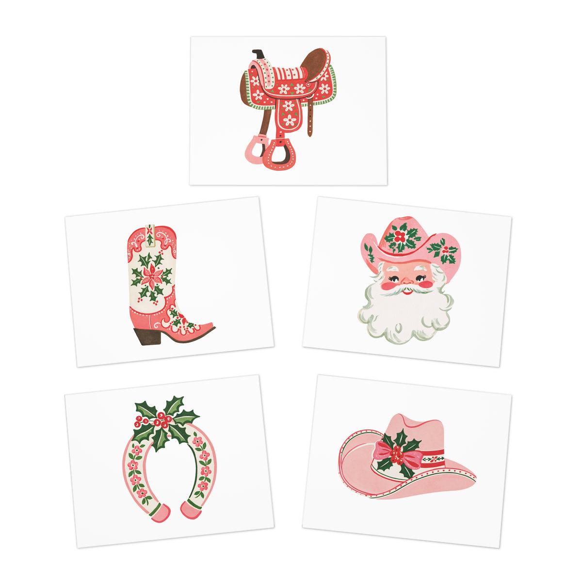 Christmas Greeting Cards 5-Pack, Vintage Western Holiday Designs