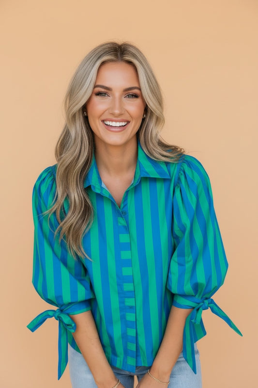 Stripe Tie Puff Sleeve Button Down Shirt