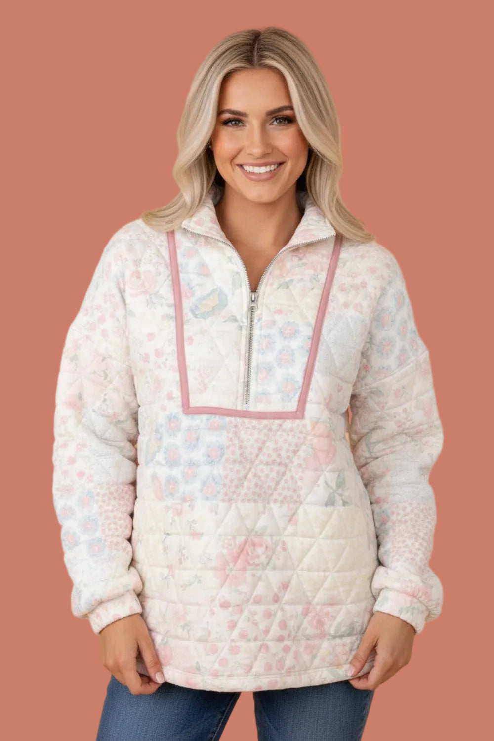 Floral Quilted Metal Zipper Collar Long Sleeve Sweatshirt