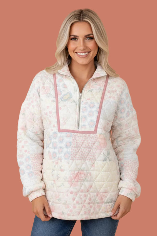 Floral Quilted Metal Zipper Collar Long Sleeve Sweatshirt