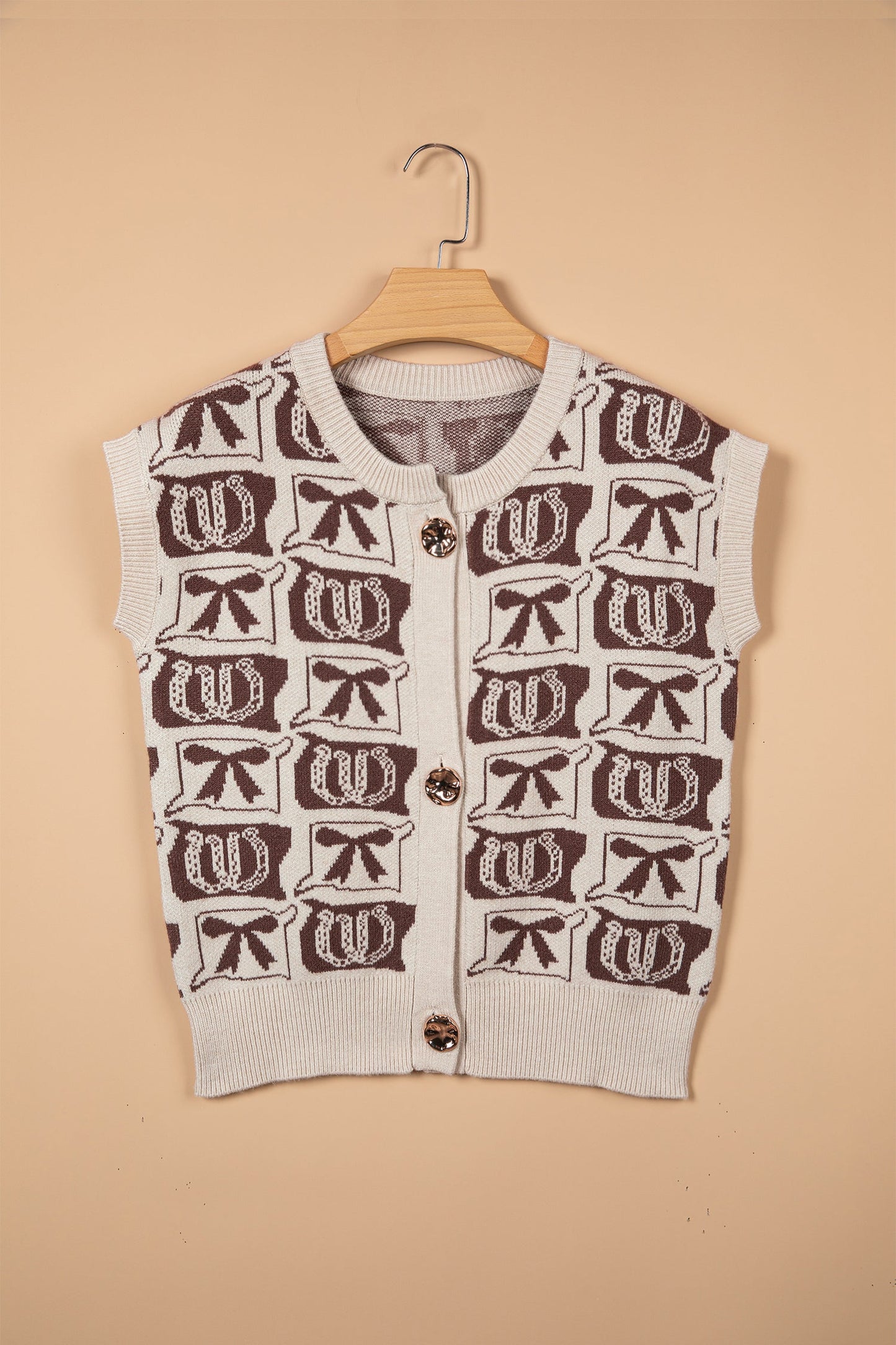 Western Horseshoe Bow Pattern Button Front Sleeveless Knit Top