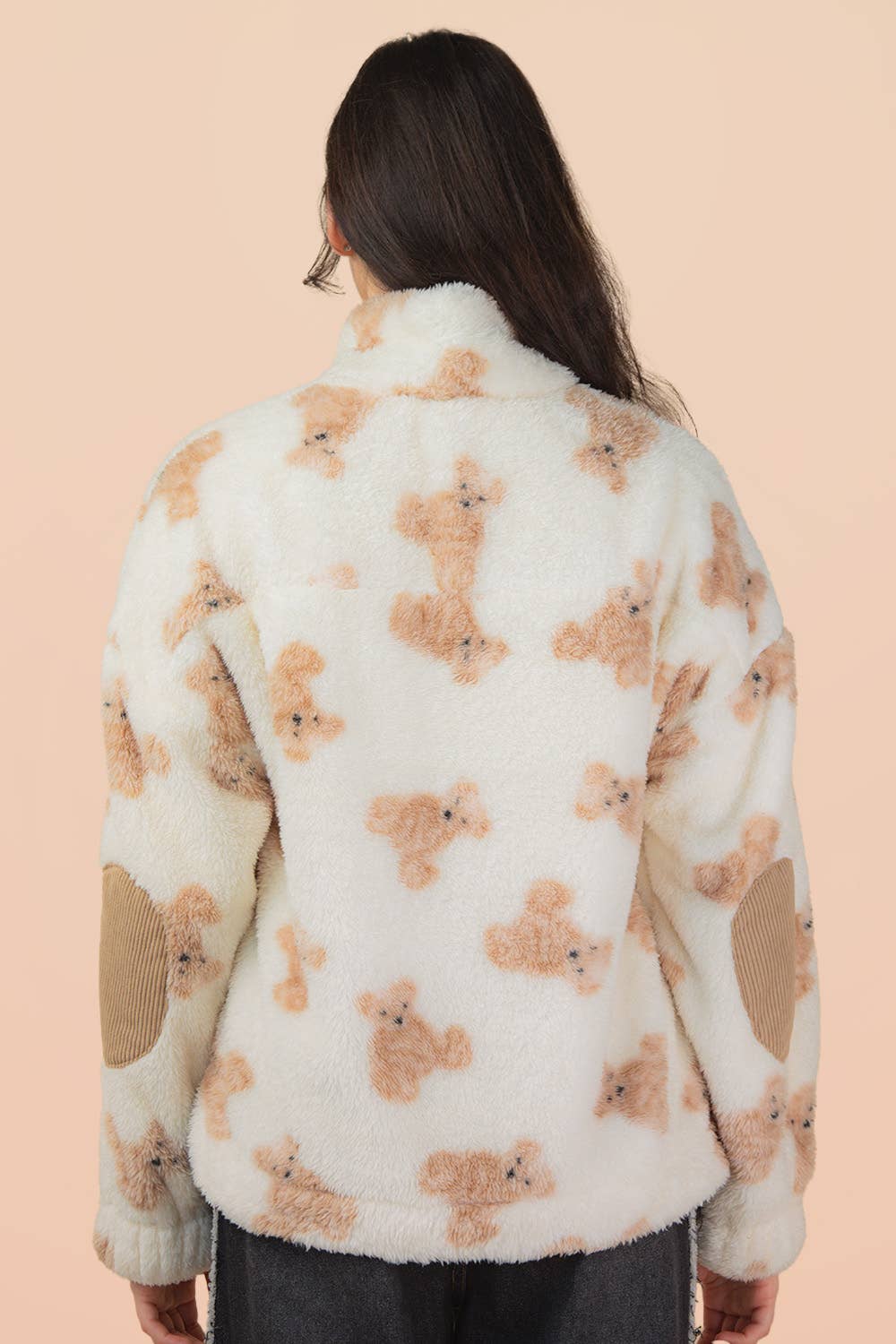 Half Zip Up Aztec & Teddy Bear Graphic Fleece Top
