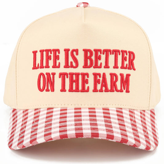 C.C LIFE IS BETTER ON THE FARM Letter Two Tone Trucker Hat: Red