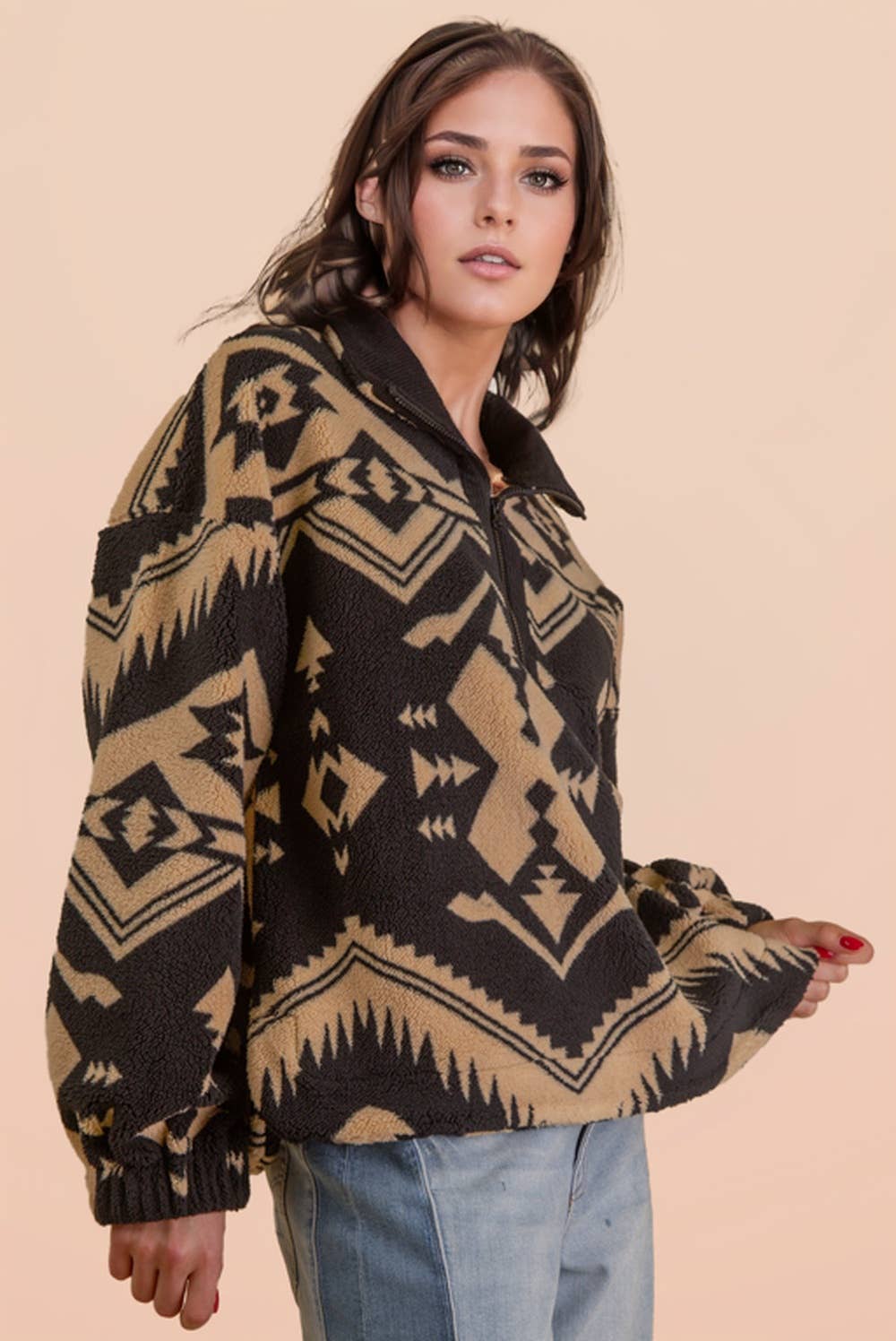 Half Zip Up Aztec  Graphic Fleece Top