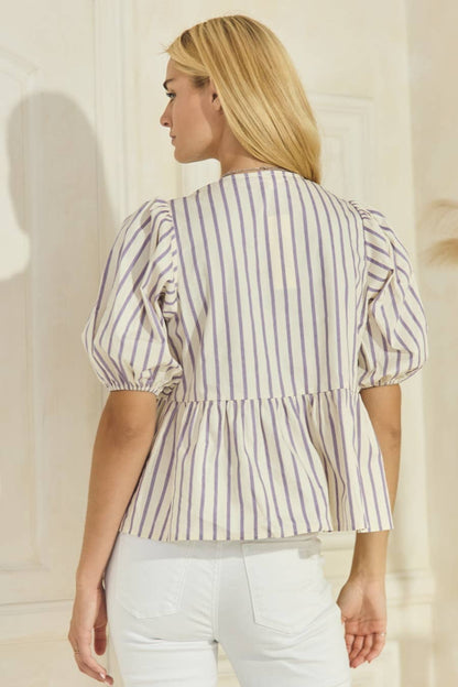 Plus Striped Cotton Poplin Front Tie Ribbon Blouse