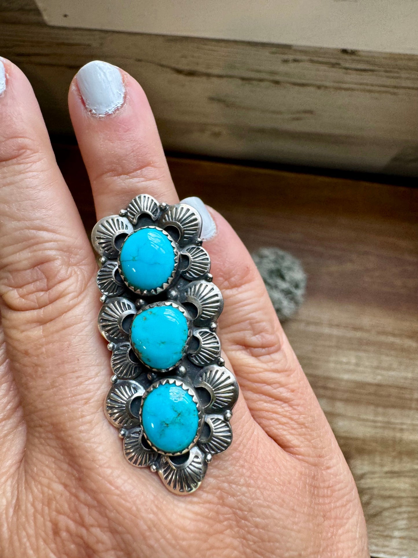 Long Ring- adjustable - 3 Kingman turquoise ring and sterling silver