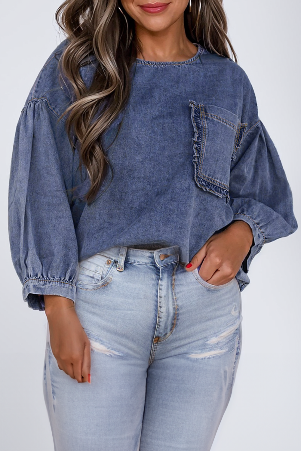 100%Cotton Ruffled Trim Pocket 3/4 Sleeve Denim Top