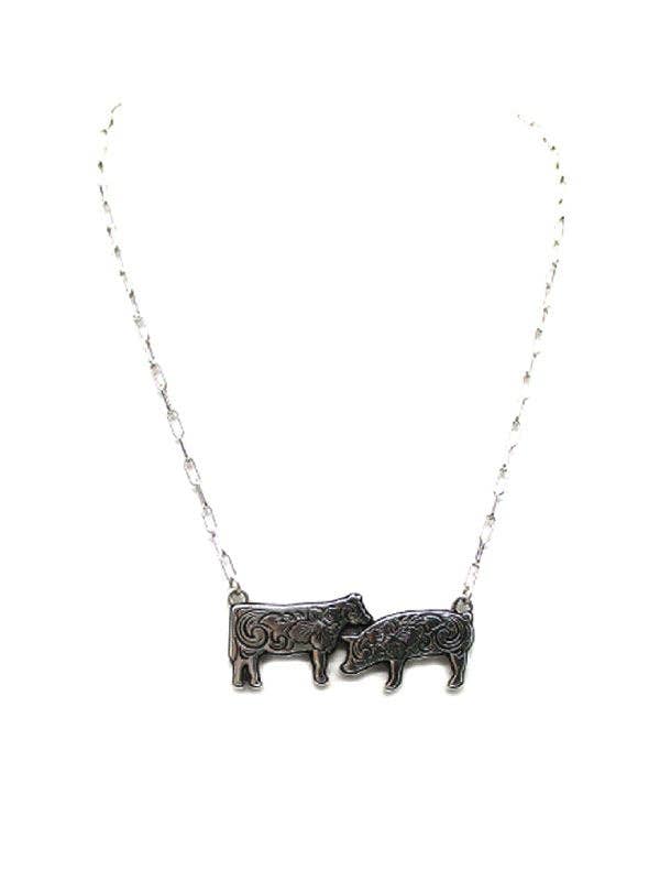 Western Etched Cow & Pig Necklace