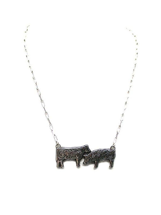 Western Etched Cow & Pig Necklace