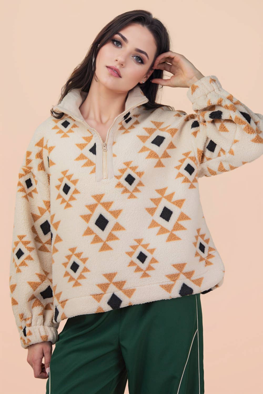 Half Zip Up Aztec & Teddy Bear Graphic Fleece Top