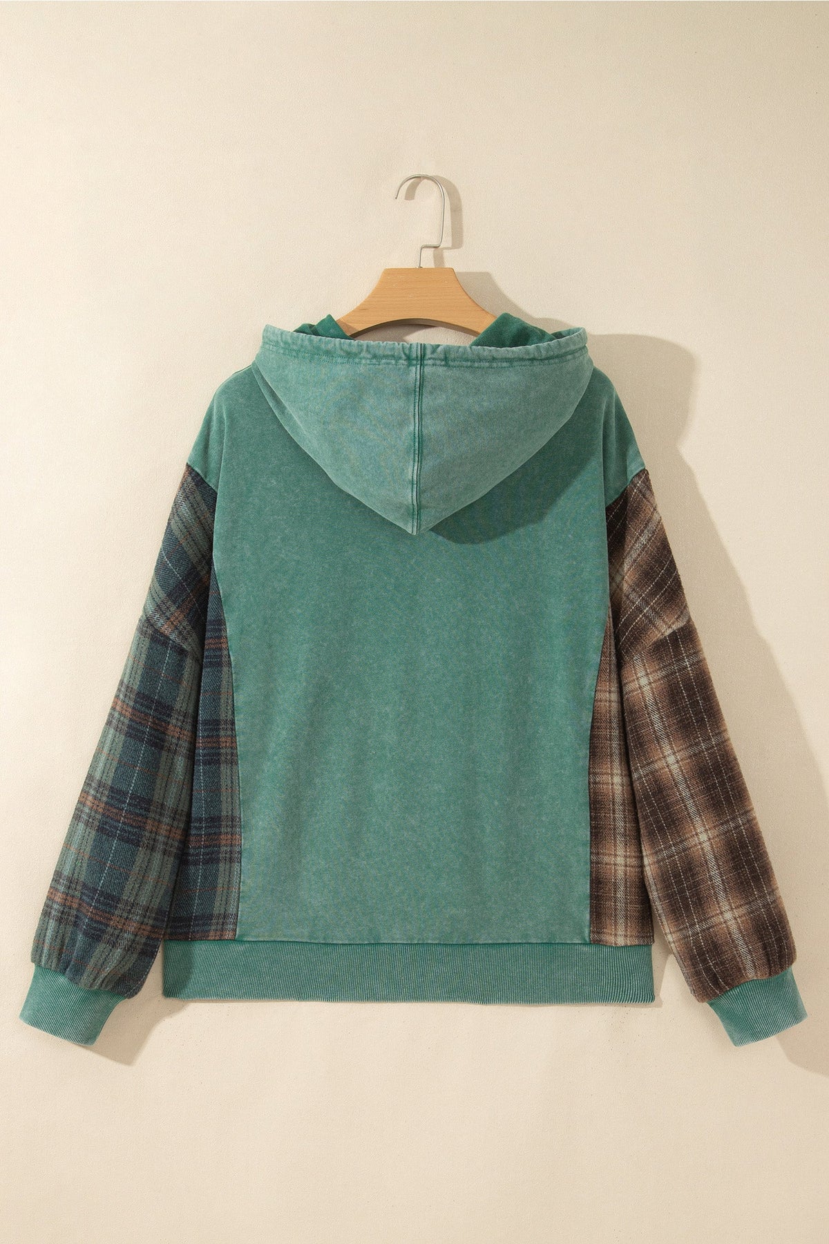 Plaid Patchwork Mineral Wash Drawstring Hoodie