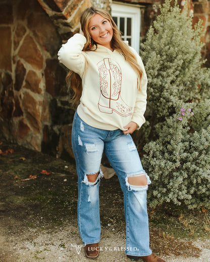 Plus Size Cream Hoodie W Boot Embroidery